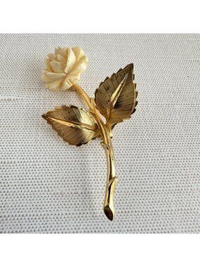 1960s Giovanni Carved Rose Brooch Ivory Gold Tone Long Stem Signed Vintage
